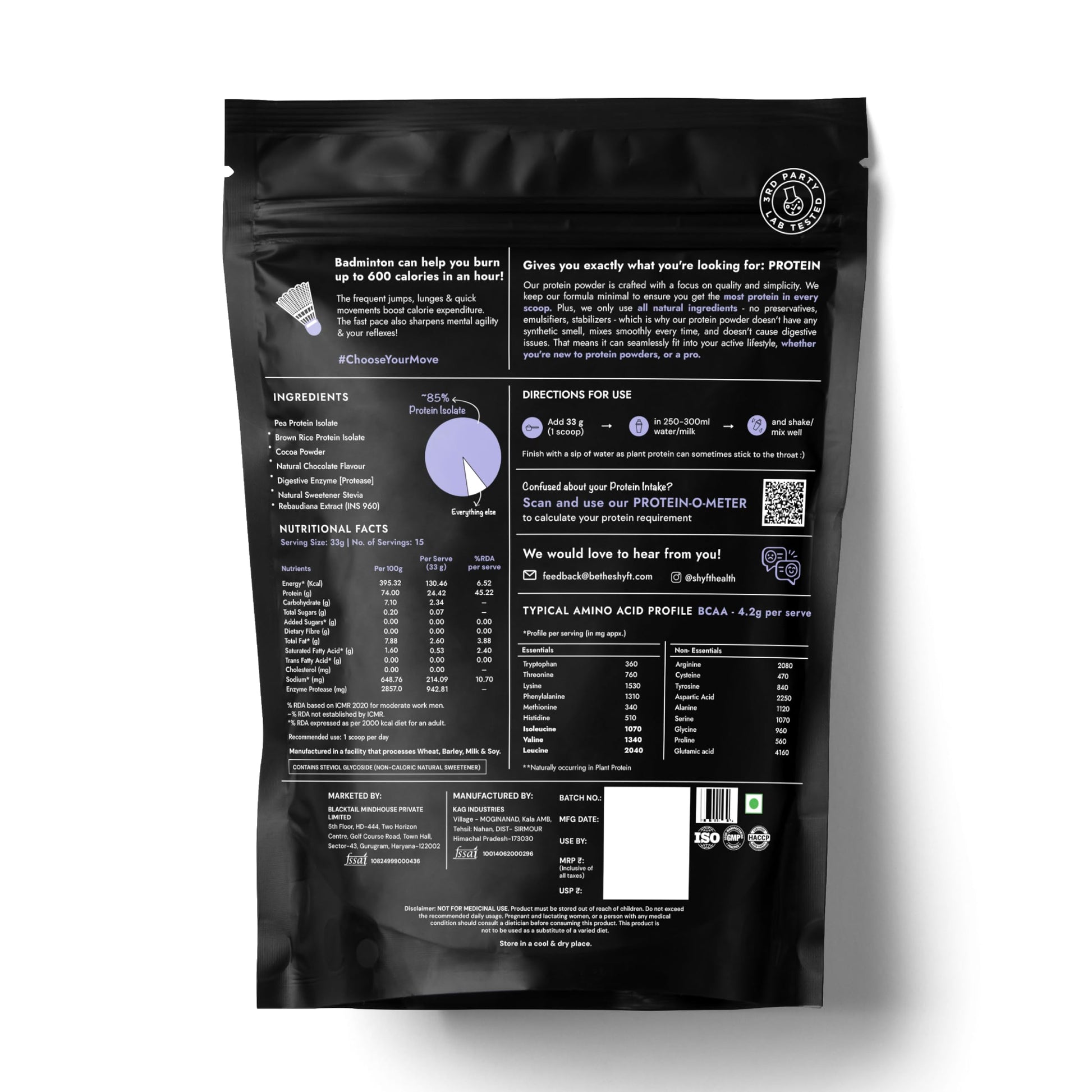Shyft Plant Protein Isolate Pea Rice Powder, 24g Protein, 4.2g BCAA, No Added Sugar - front view (14)
