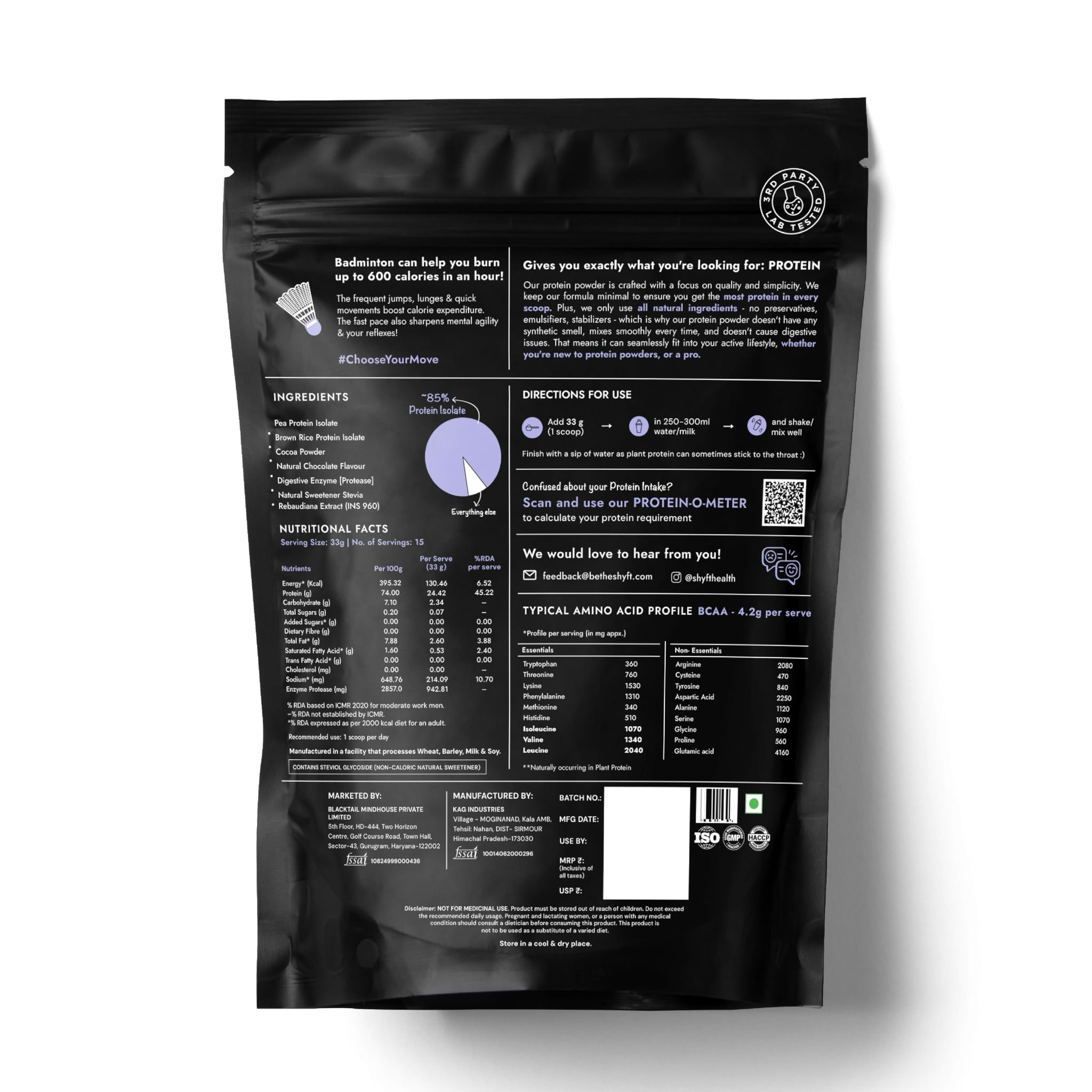 Shyft Plant Protein Isolate Pea Rice Powder, 24g Protein, 4.2g BCAA, No Added Sugar - front view (14)