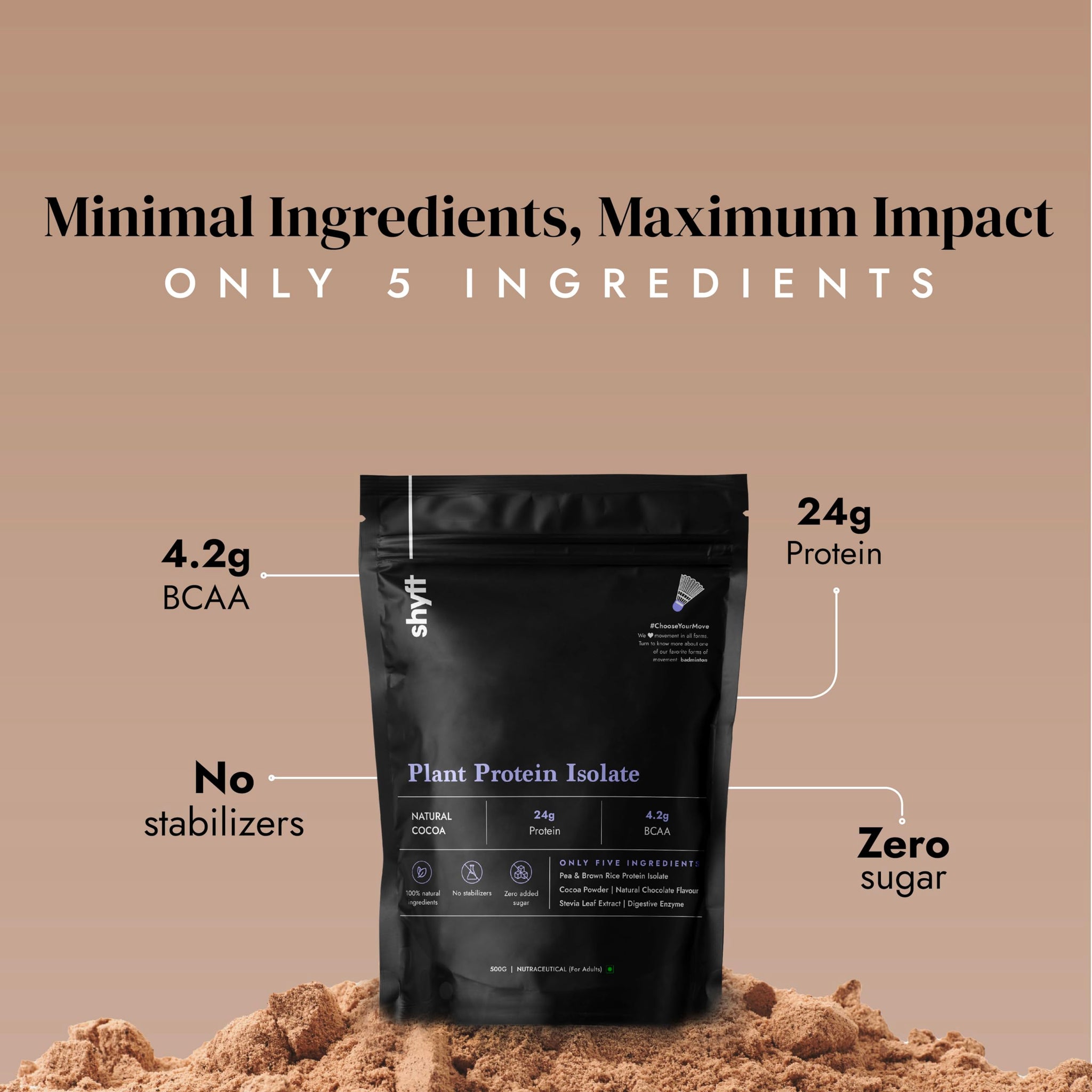Shyft Plant Protein Isolate Pea Rice Powder, 24g Protein, 4.2g BCAA, No Added Sugar - back view (15)