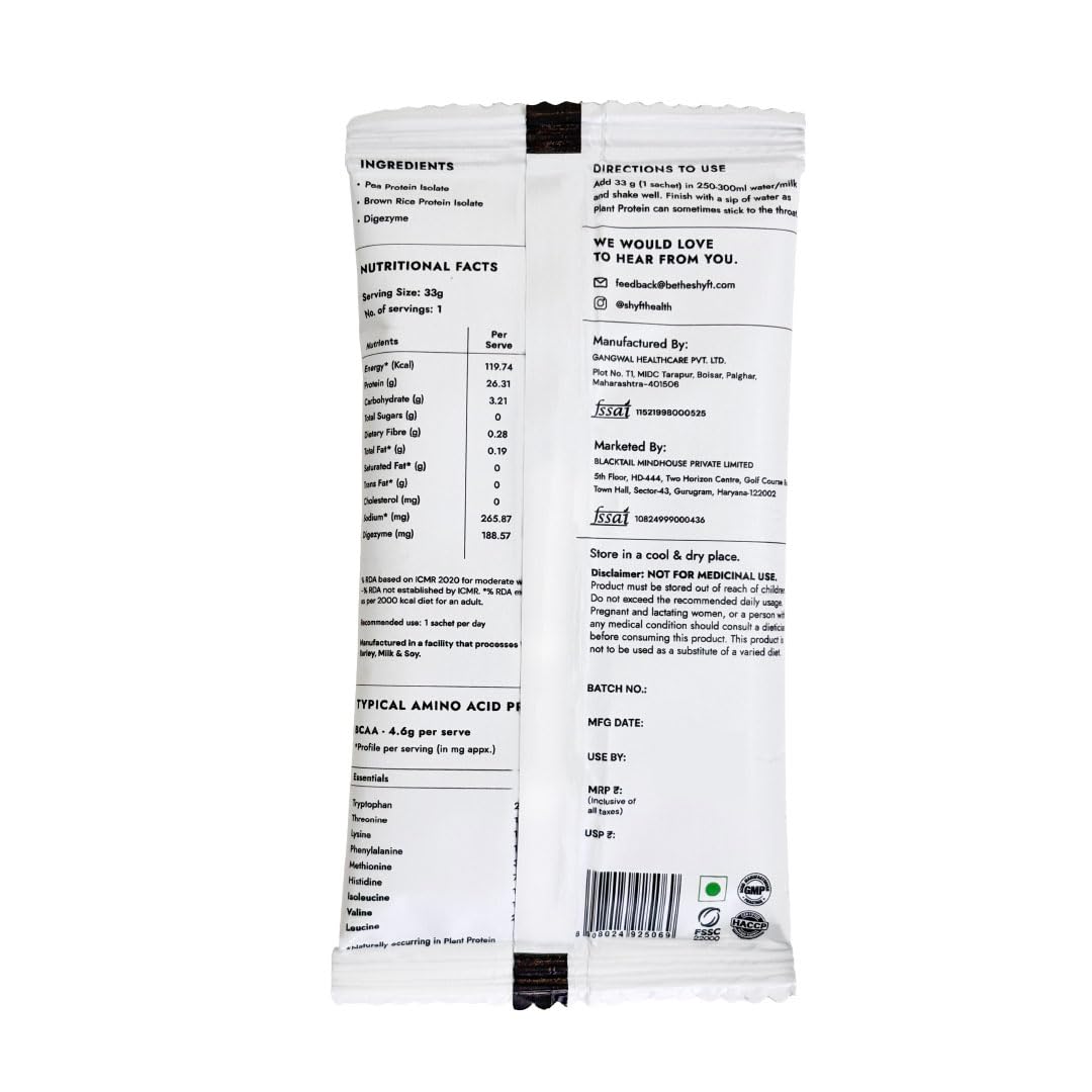 Shyft Plant Protein Isolate Pea Rice Powder, 24g Protein, 4.2g BCAA, No Added Sugar - back view (25)