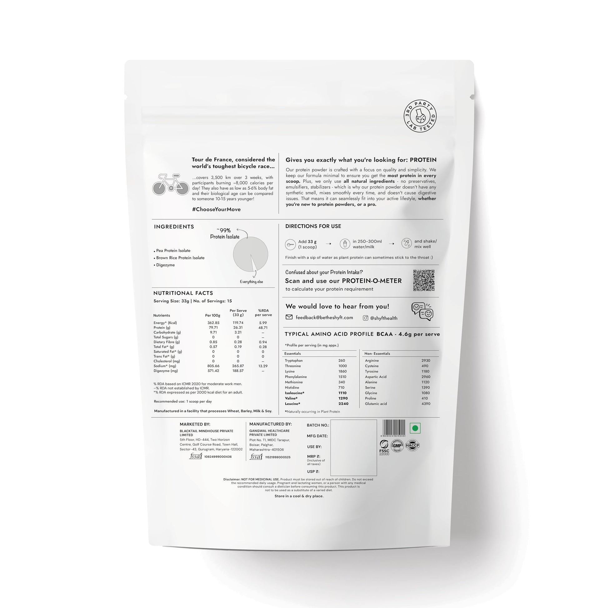 Shyft Plant Protein Isolate Pea Rice Powder, 24g Protein, 4.2g BCAA, No Added Sugar - front view (32)
