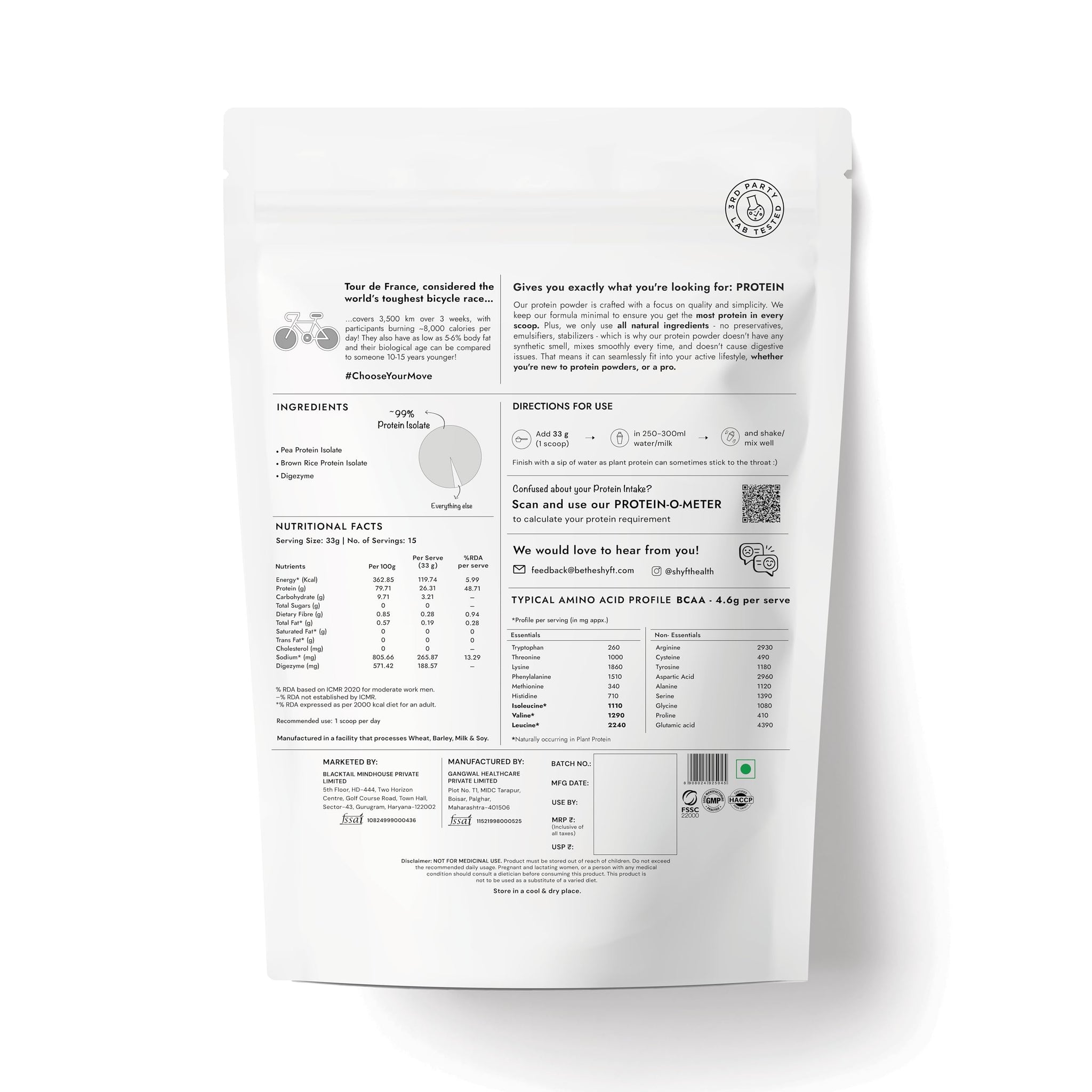 Shyft Plant Protein Isolate Pea Rice Powder, 24g Protein, 4.2g BCAA, No Added Sugar - front view (32)