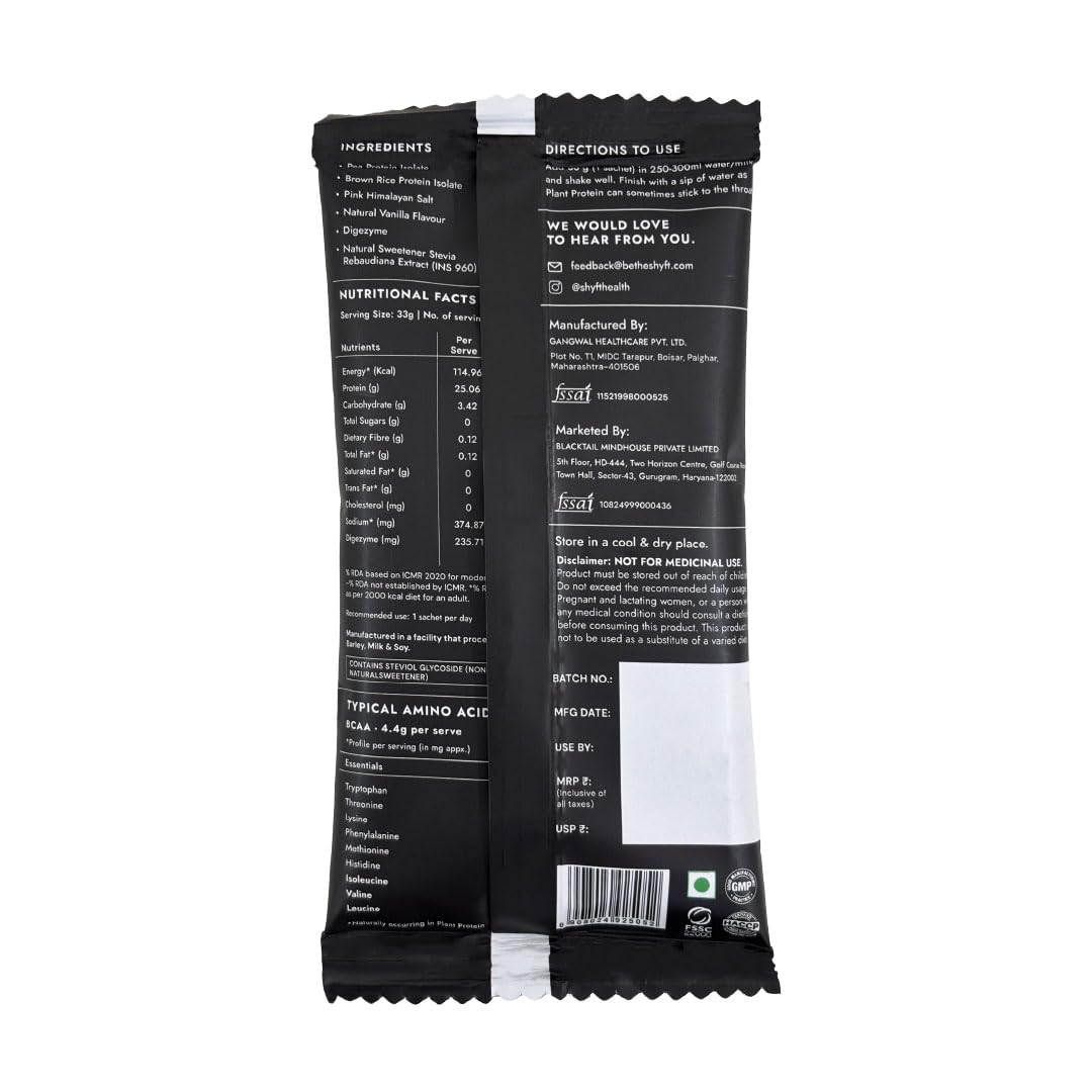Shyft Plant Protein Isolate Pea Rice Powder, 24g Protein, 4.2g BCAA, No Added Sugar - back view (40)