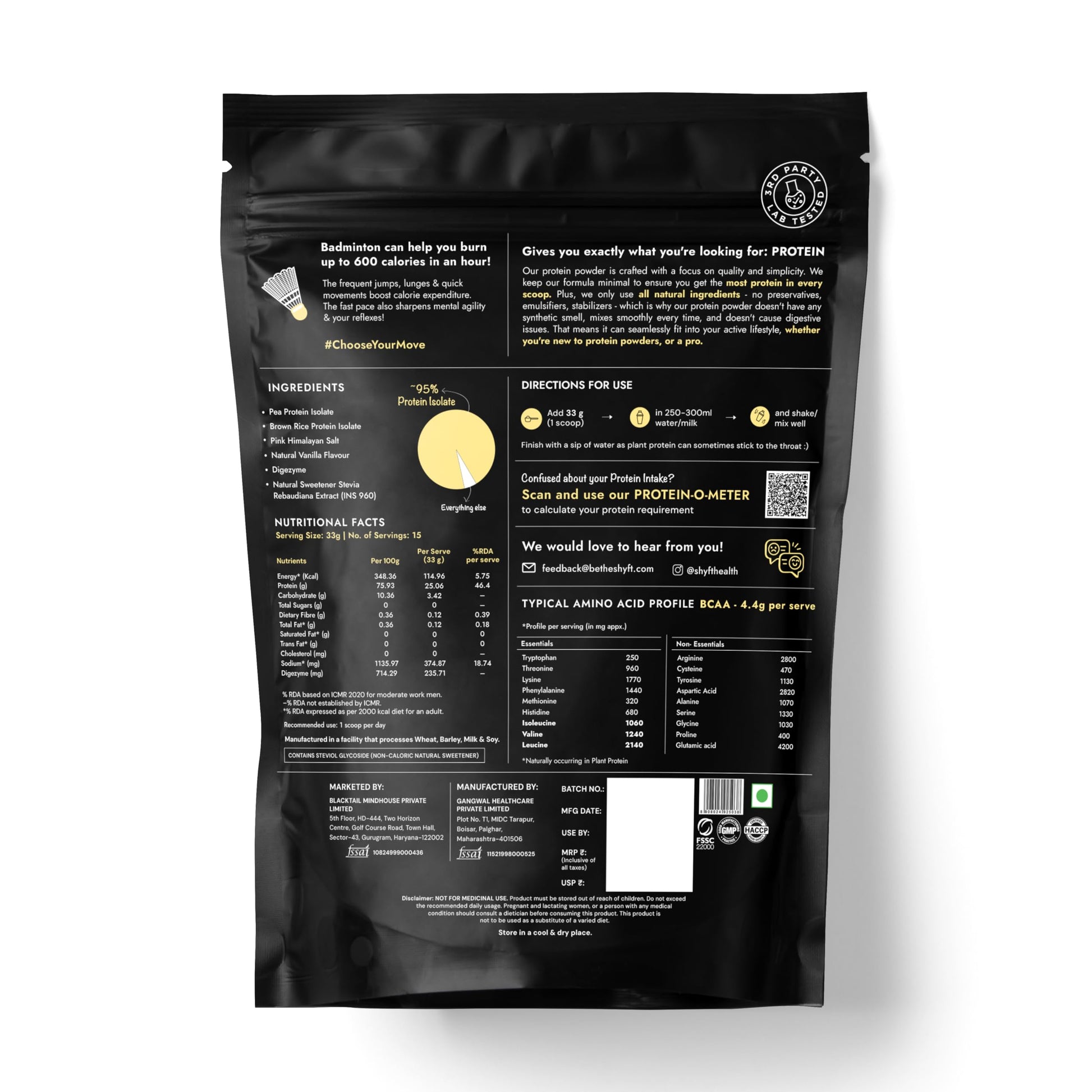 Shyft Plant Protein Isolate Pea Rice Powder, 24g Protein, 4.2g BCAA, No Added Sugar - front view (47)