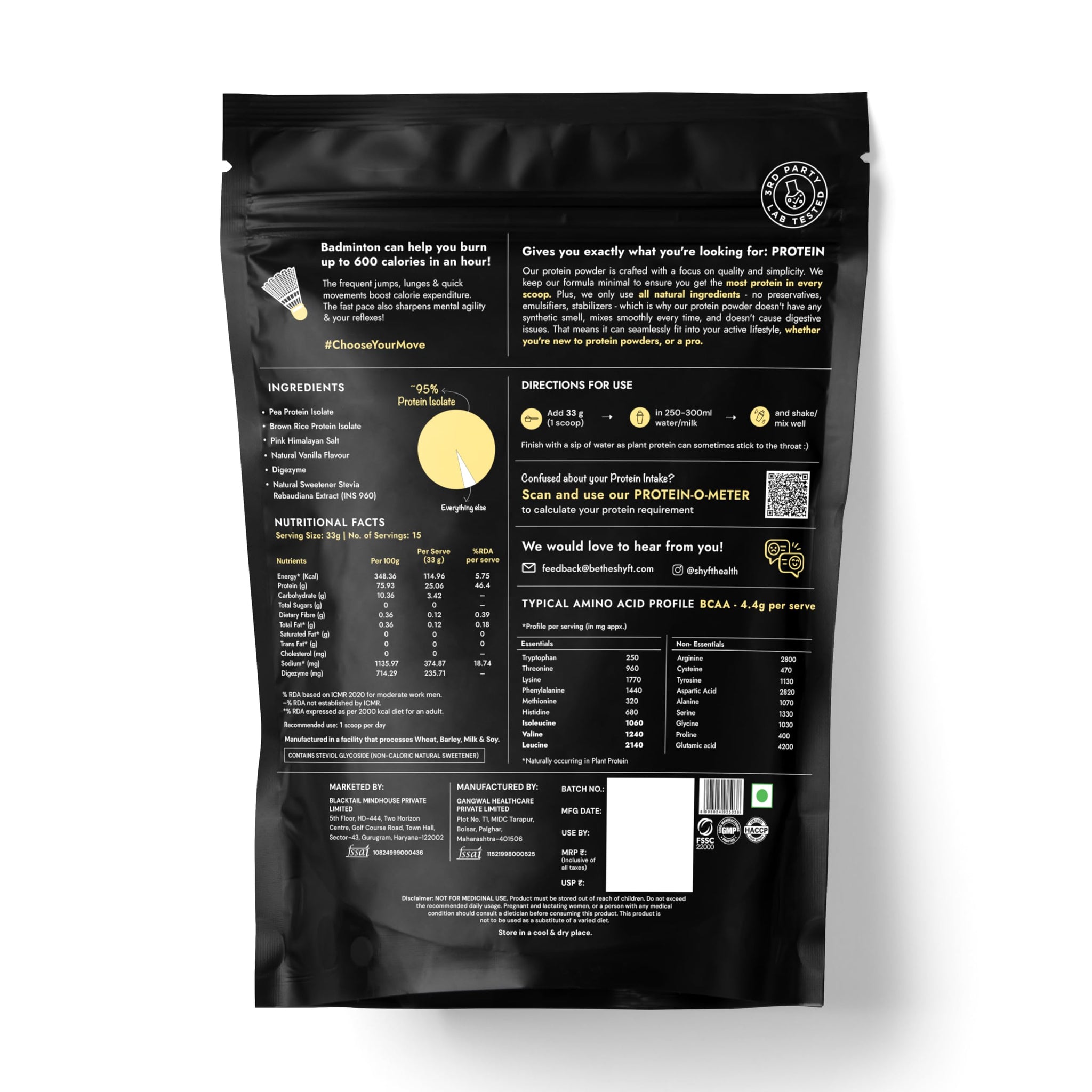 Shyft Plant Protein Isolate Pea Rice Powder, 24g Protein, 4.2g BCAA, No Added Sugar - front view (47)