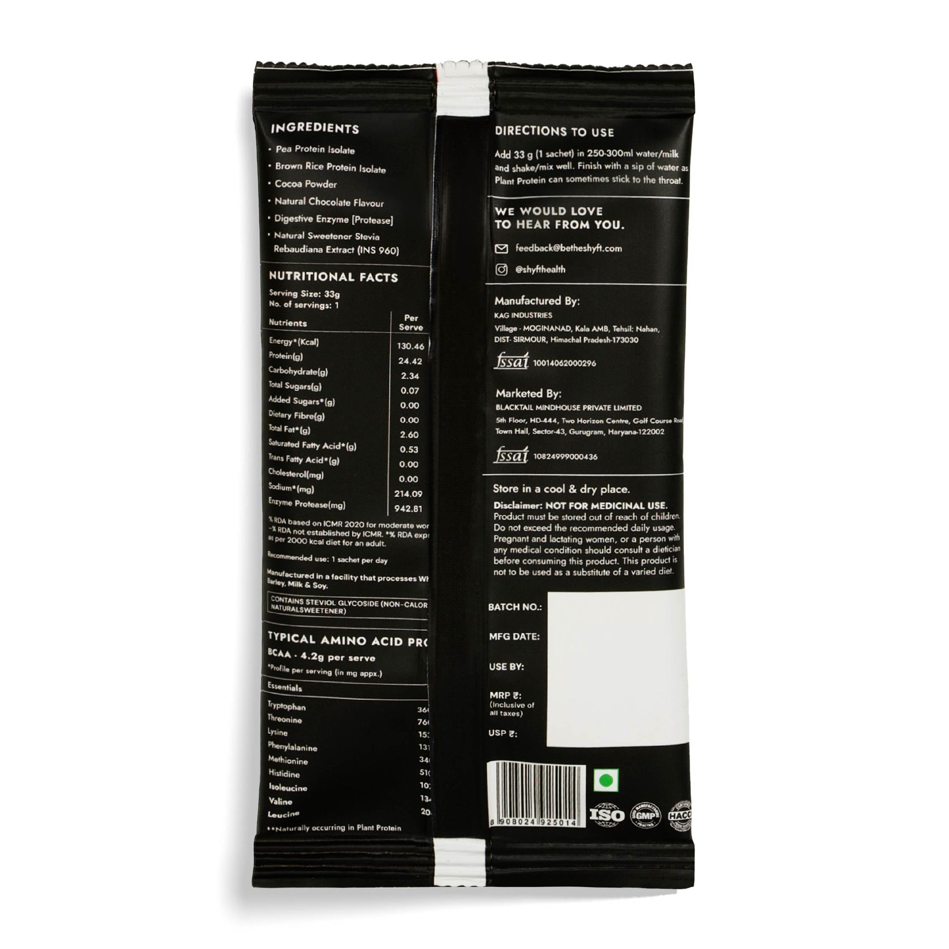 Shyft Plant Protein Isolate Pea Rice Powder, 24g Protein, 4.2g BCAA, No Added Sugar - back view (8)