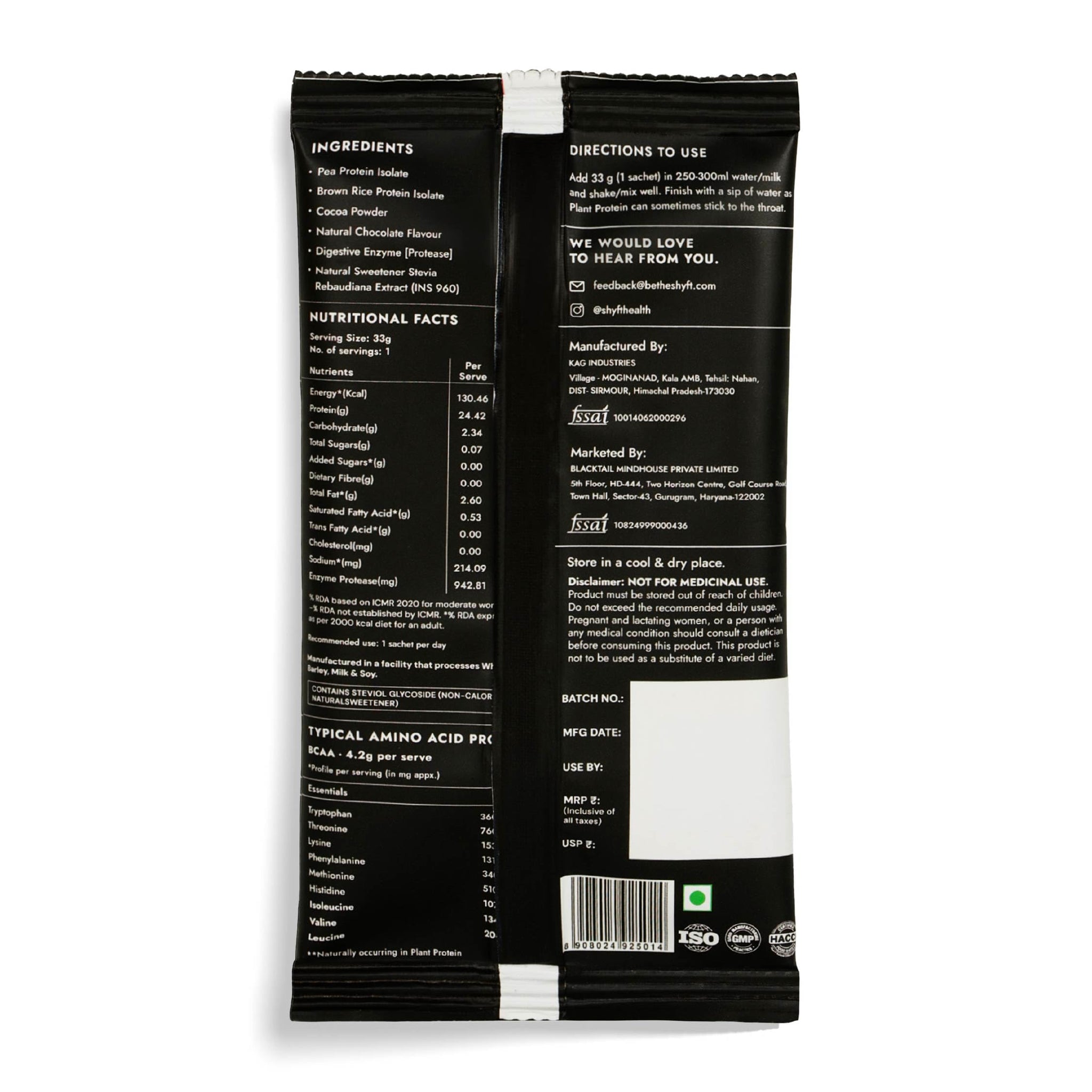 Shyft Plant Protein Isolate Pea Rice Powder, 24g Protein, 4.2g BCAA, No Added Sugar - back view (8)