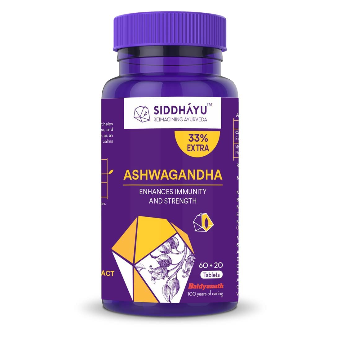 Siddhayu Ashwagandha Tablet | Enhances Immunity and Strength | Rejuvenates Mind & Body | 60 + 20 free Tablets - front view