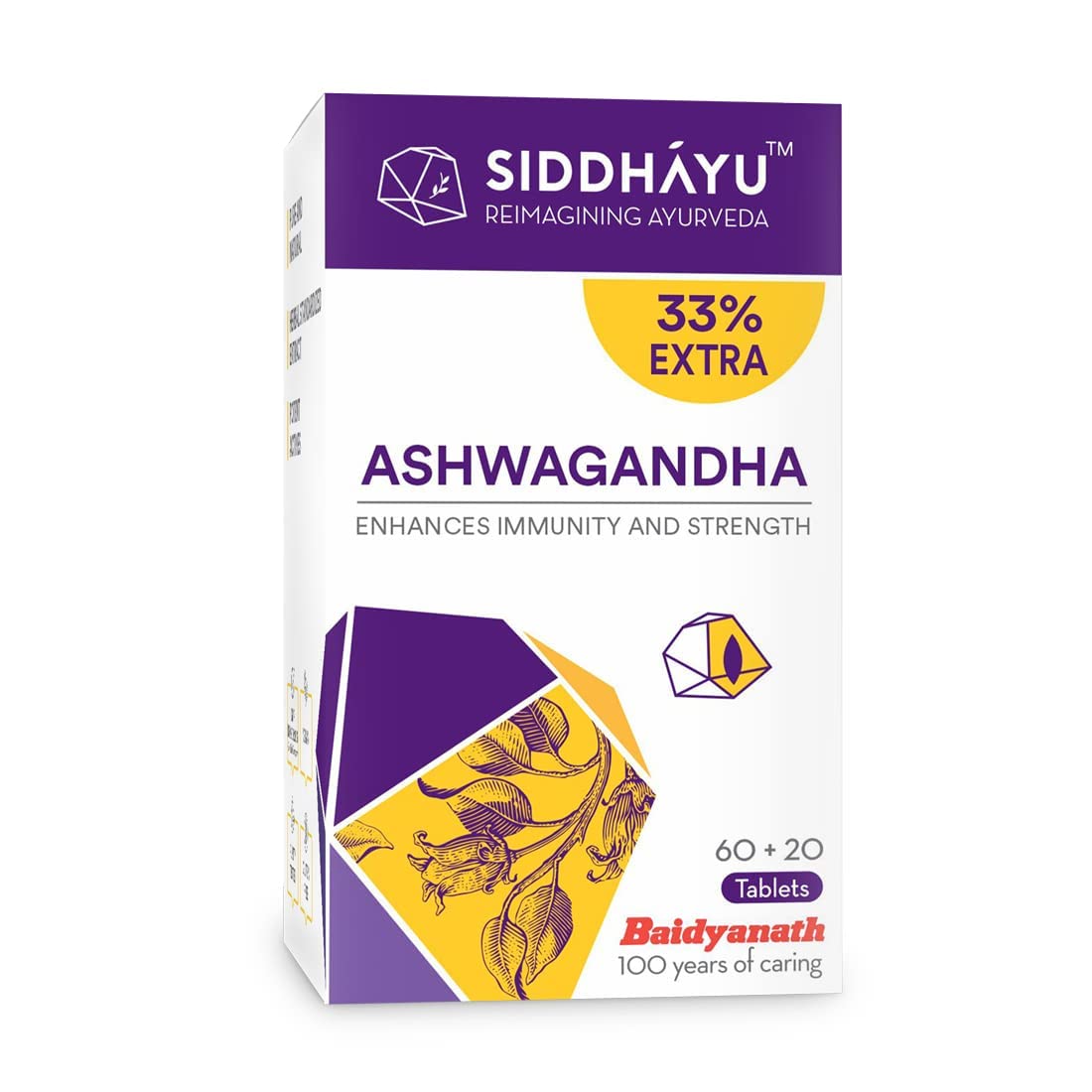 Siddhayu Ashwagandha Tablet | Enhances Immunity and Strength | Rejuvenates Mind & Body | 60 + 20 free Tablets - back view