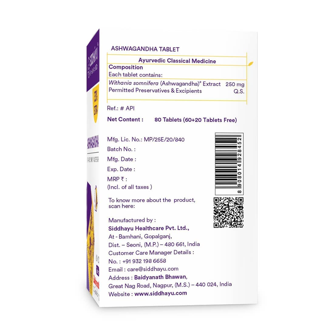 Siddhayu Ashwagandha Tablet | Enhances Immunity and Strength | Rejuvenates Mind & Body | 60 + 20 free Tablets - ingredients p