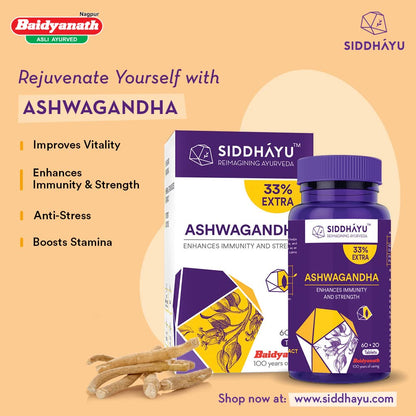 Siddhayu Ashwagandha Tablet | Enhances Immunity and Strength | Rejuvenates Mind & Body | 60 + 20 free Tablets - close-up deta