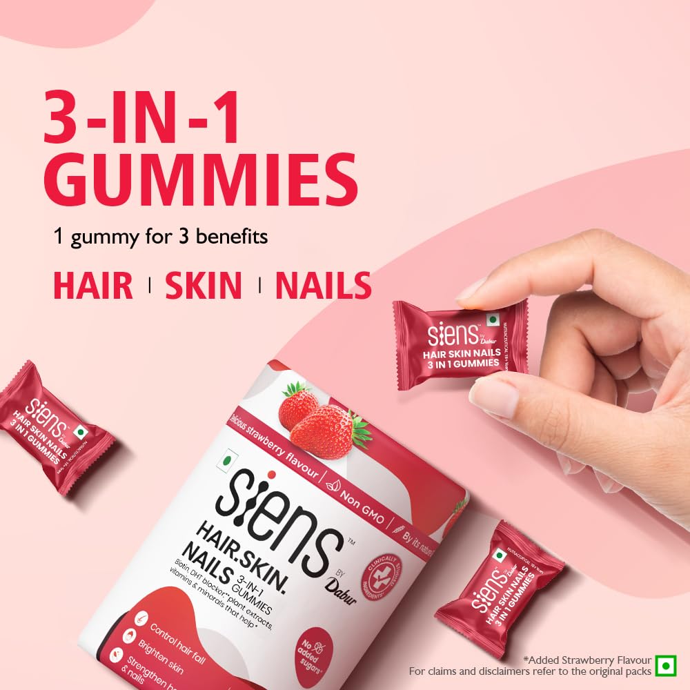 Siens By Dabur Hair, Skin & Nails (3 in 1 Gummies) - 30 pieces | Enriched with Biotin, DHT Blocker, Plant Extracts, Vitamins 