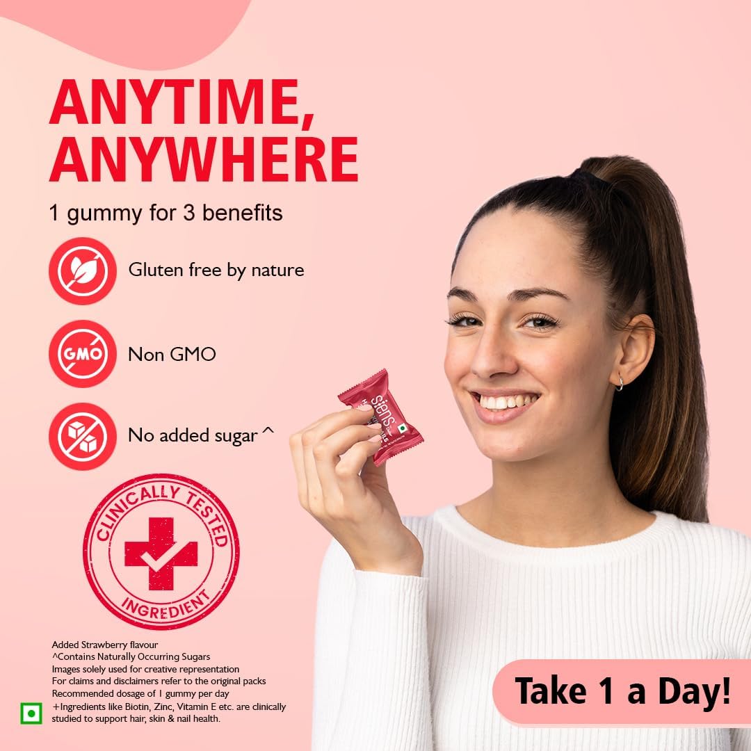 Siens By Dabur Hair, Skin & Nails (3 in 1 Gummies) - 30 pieces | Enriched with Biotin, DHT Blocker, Plant Extracts, Vitamins 