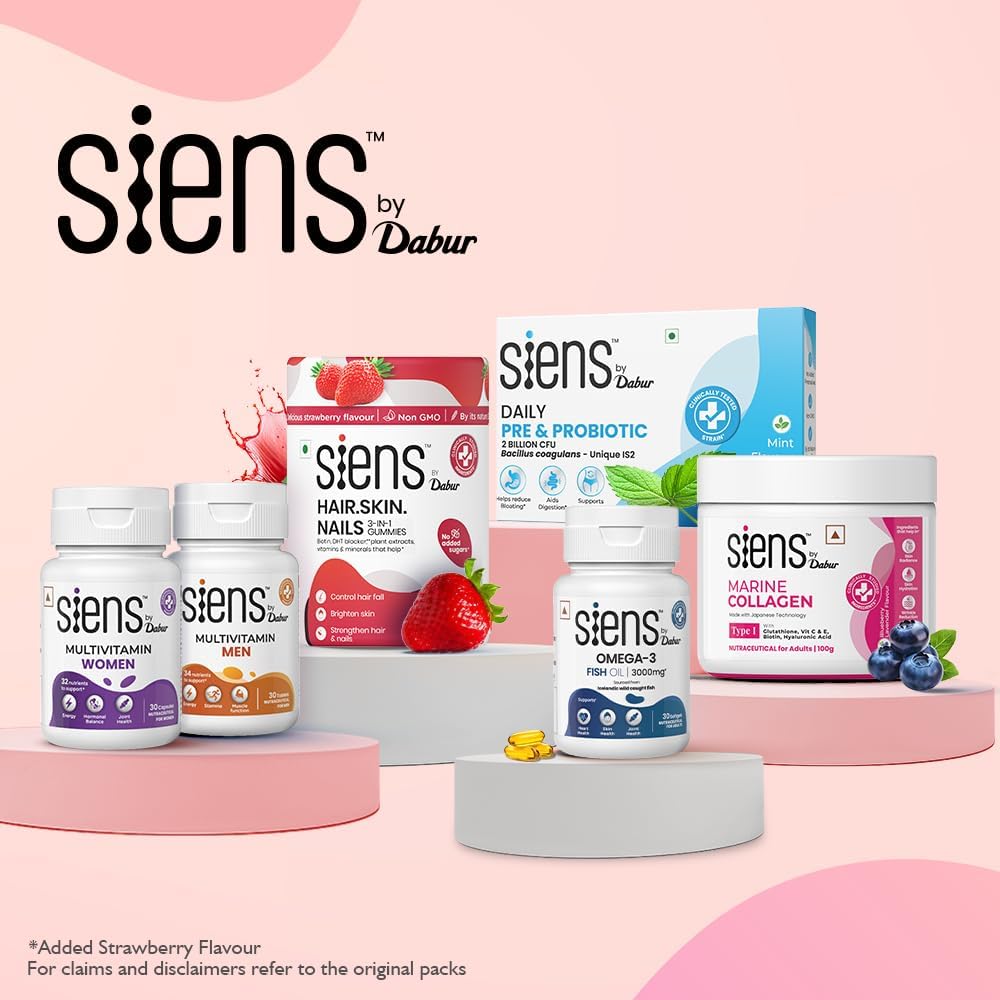 Siens By Dabur Hair, Skin & Nails (3 in 1 Gummies) - 30 pieces | Enriched with Biotin, DHT Blocker, Plant Extracts, Vitamins 