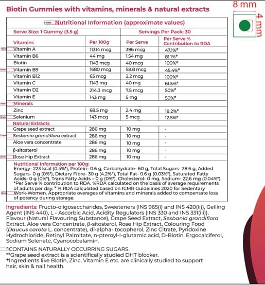Siens By Dabur Hair, Skin & Nails (3 in 1 Gummies) - 30 pieces | Enriched with Biotin, DHT Blocker, Plant Extracts, Vitamins 
