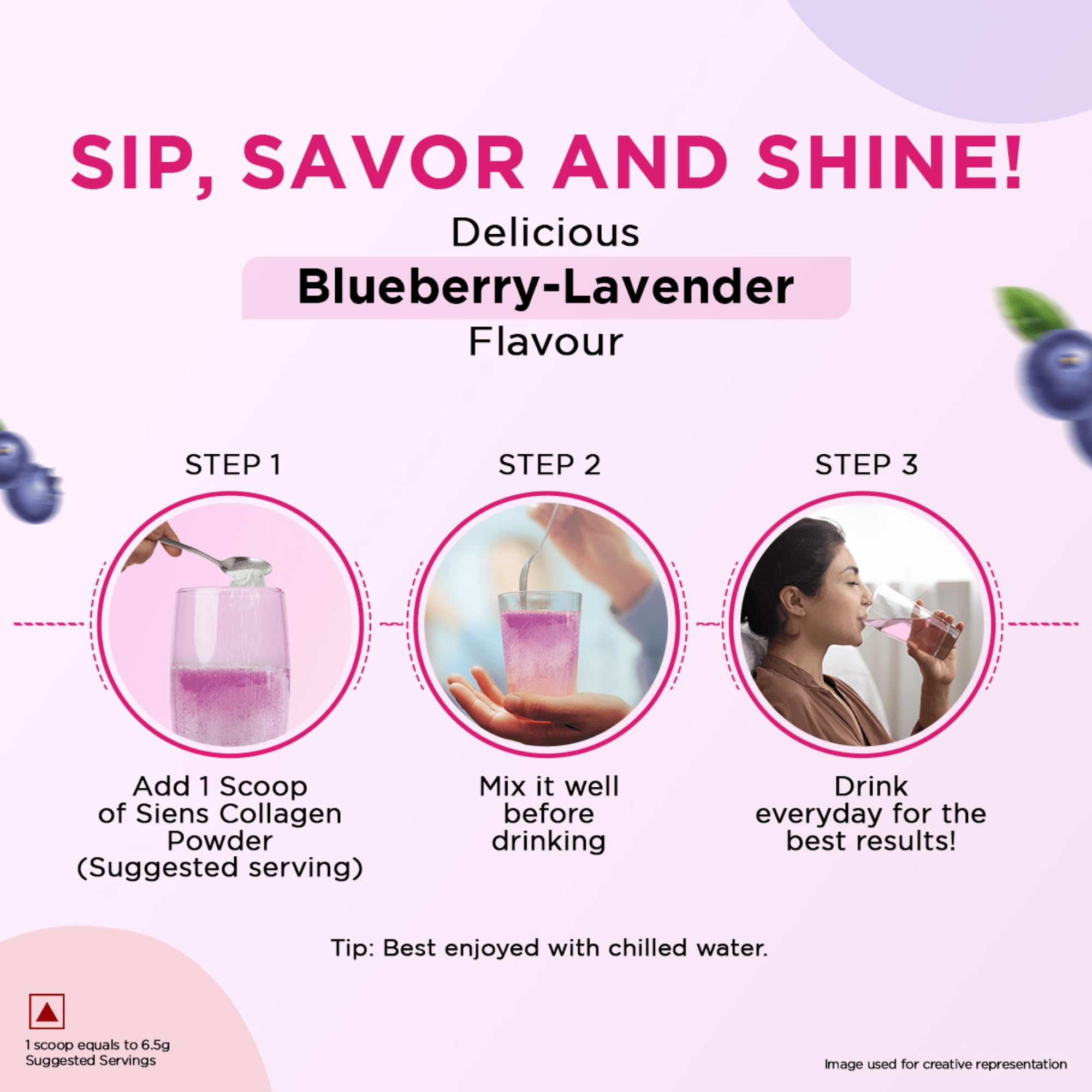 Siens By Dabur Hydrolyzed Marine Collagen Powder, 100g, Blueberry Lavender Flavor, Nutritional Supplement - close-up detail