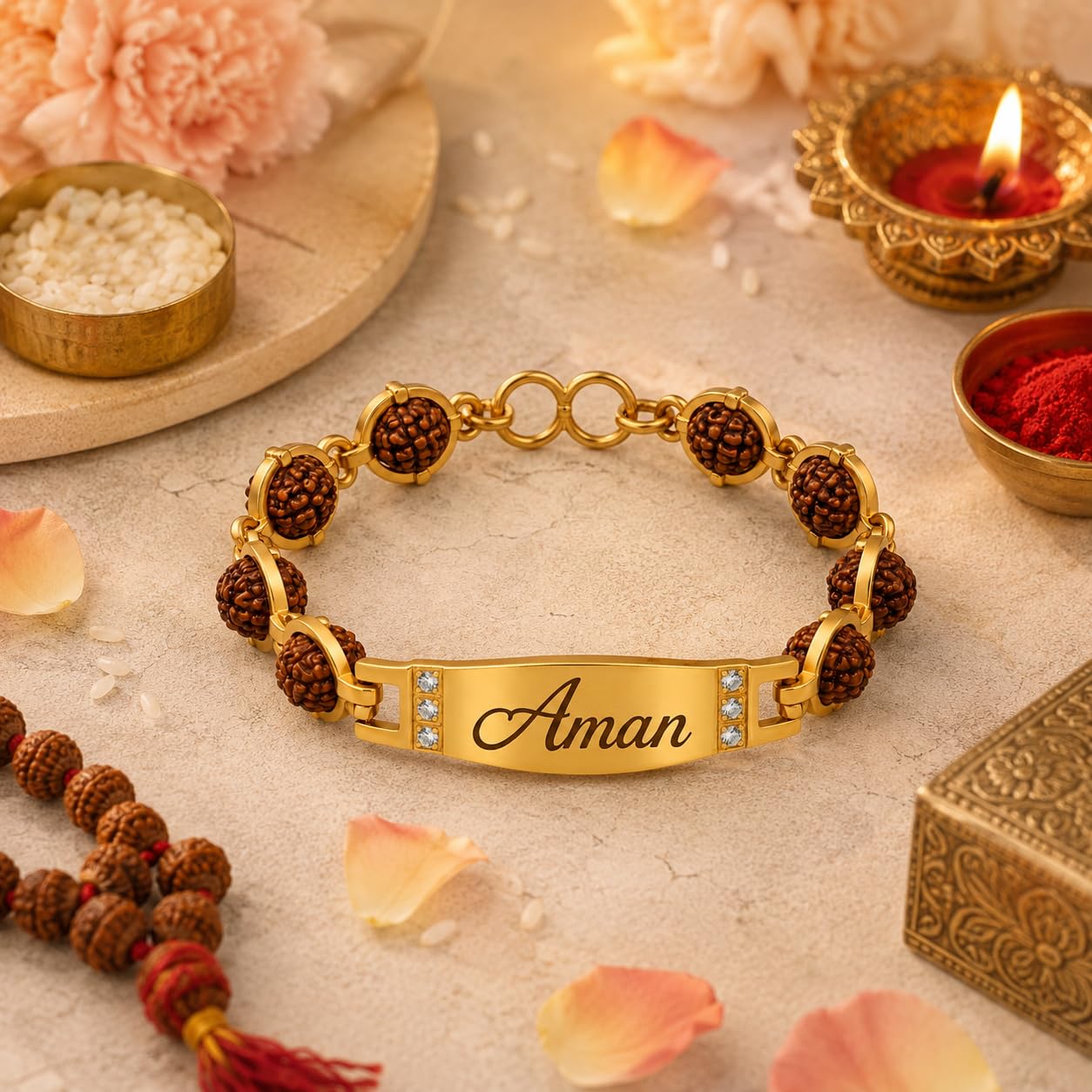 Signature Rudraksh Personalized Rakhi for Brother | Custom Name Engraved Gold Stainless Steel Rudraksha Bracelet Rakhi | Raks