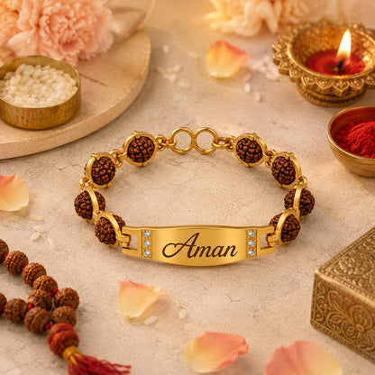 Signature Rudraksh Personalized Rakhi for Brother | Custom Name Engraved Gold Stainless Steel Rudraksha Bracelet Rakhi | Raks
