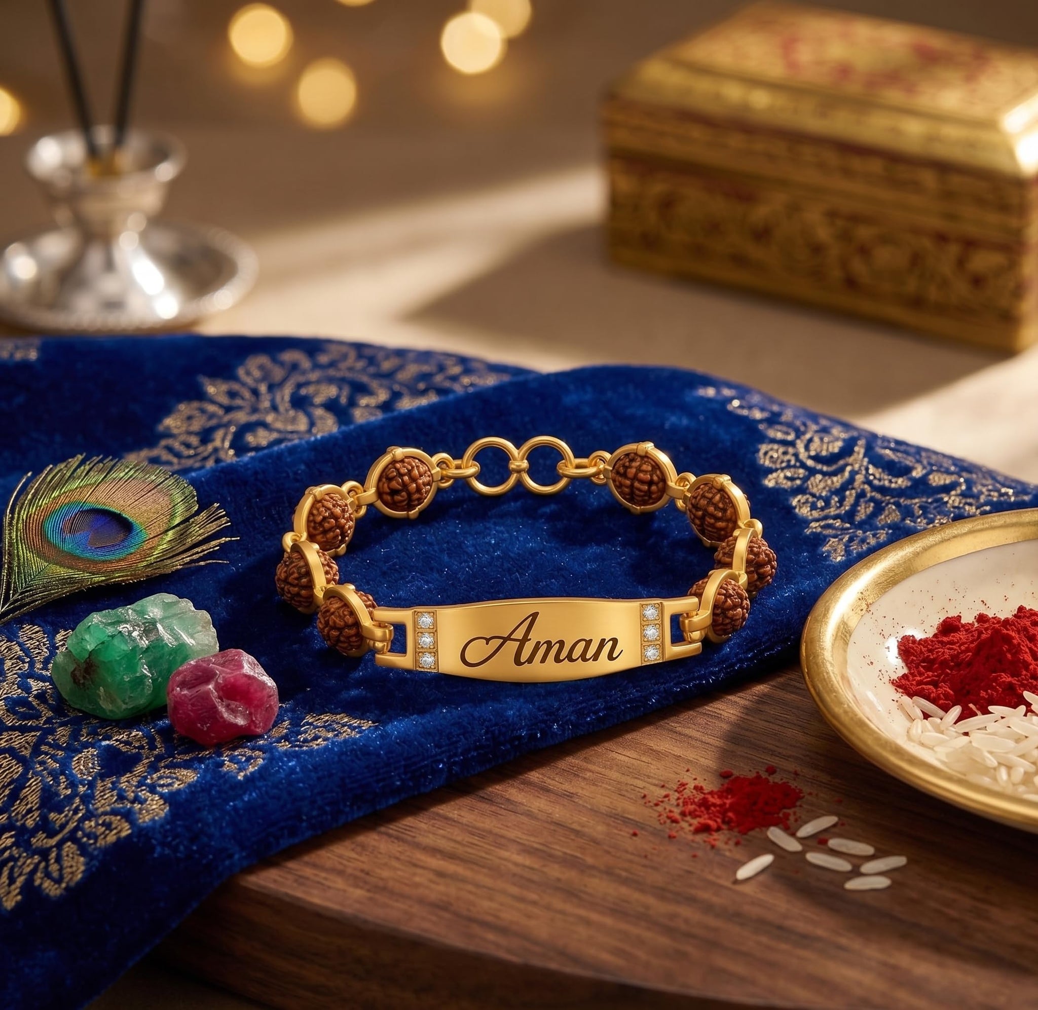Signature Rudraksh Personalized Rakhi for Brother | Custom Name Engraved Gold Stainless Steel Rudraksha Bracelet Rakhi | Raks