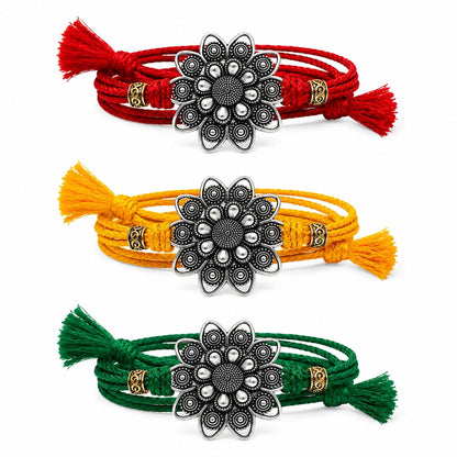 Silver Plated Flower Rakhi for Brother | Silver Rakhi with Complete Box include Kum Kum Chawal Pack