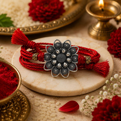 Silver Plated Flower Rakhi for Brother | Silver Rakhi with Complete Box include Kum Kum Chawal Pack - front view (10)