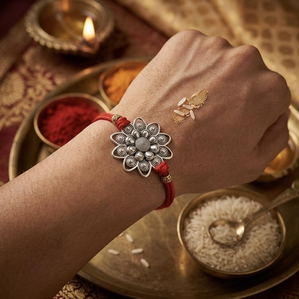 Silver Plated Flower Rakhi for Brother | Silver Rakhi with Complete Box include Kum Kum Chawal Pack - back view (11)