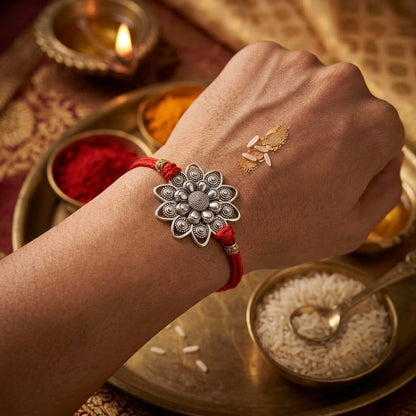 Silver Plated Flower Rakhi for Brother | Silver Rakhi with Complete Box include Kum Kum Chawal Pack - back view (11)