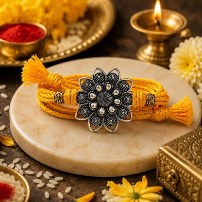 Silver Plated Flower Rakhi for Brother | Silver Rakhi with Complete Box include Kum Kum Chawal Pack - front view (13)