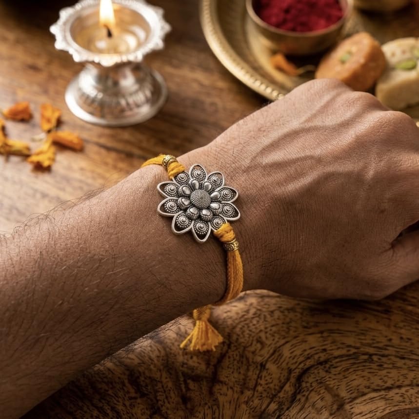 Silver Plated Flower Rakhi for Brother | Silver Rakhi with Complete Box include Kum Kum Chawal Pack - back view (14)