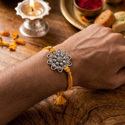 Silver Plated Flower Rakhi for Brother | Silver Rakhi with Complete Box include Kum Kum Chawal Pack - back view (14)
