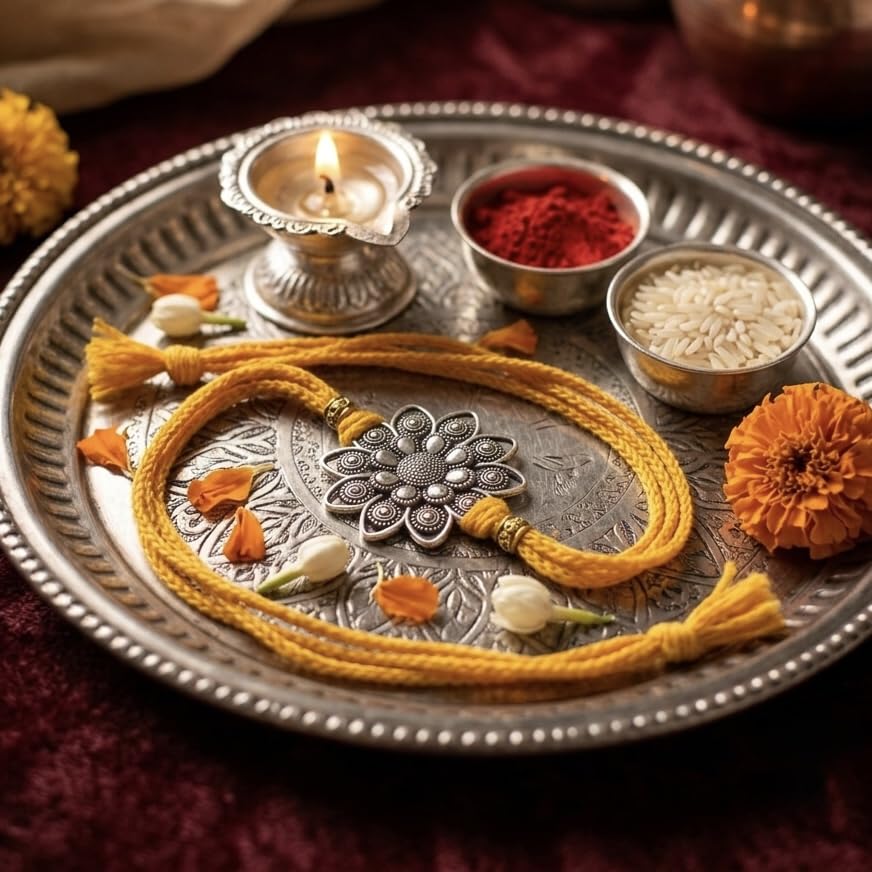 Silver Plated Flower Rakhi for Brother | Silver Rakhi with Complete Box include Kum Kum Chawal Pack - front view