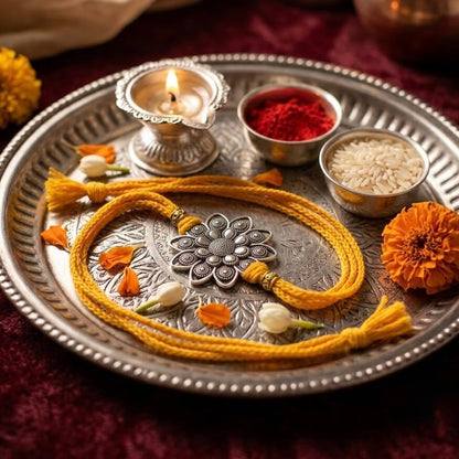 Silver Plated Flower Rakhi for Brother | Silver Rakhi with Complete Box include Kum Kum Chawal Pack - front view