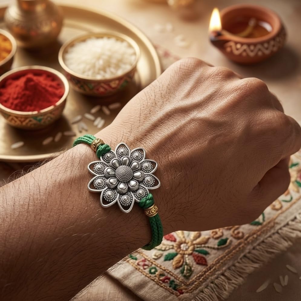 Silver Plated Flower Rakhi for Brother | Silver Rakhi with Complete Box include Kum Kum Chawal Pack - packaging