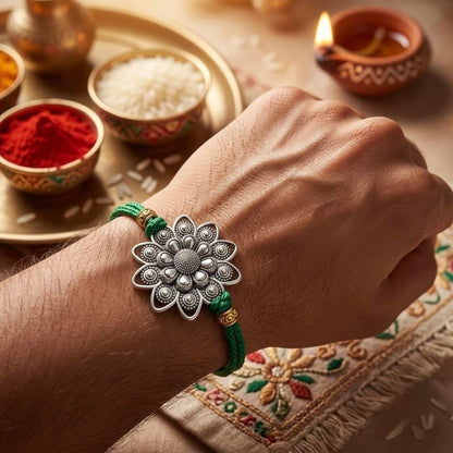 Silver Plated Flower Rakhi for Brother | Silver Rakhi with Complete Box include Kum Kum Chawal Pack - packaging