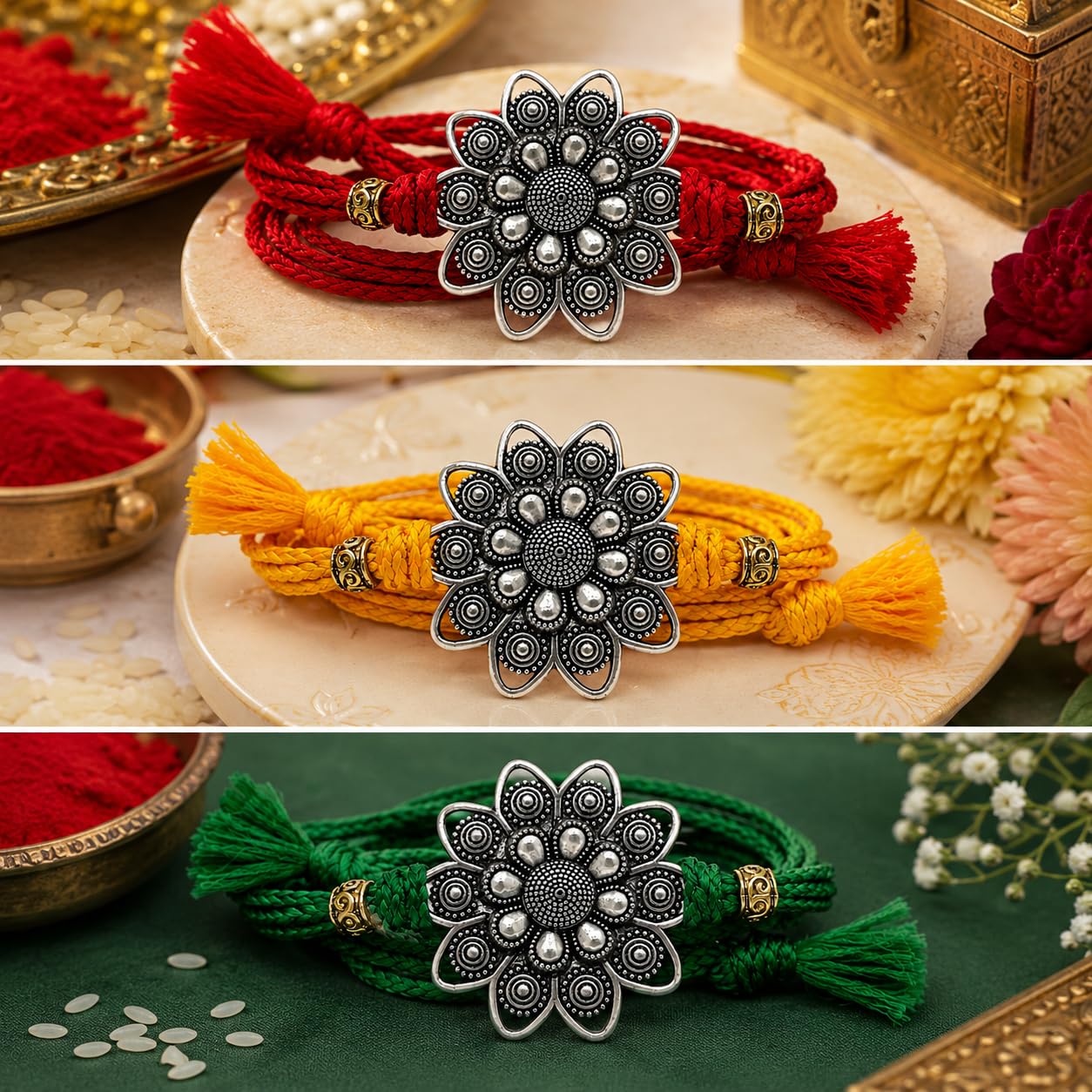 Silver Plated Flower Rakhi for Brother | Silver Rakhi with Complete Box include Kum Kum Chawal Pack - label detail