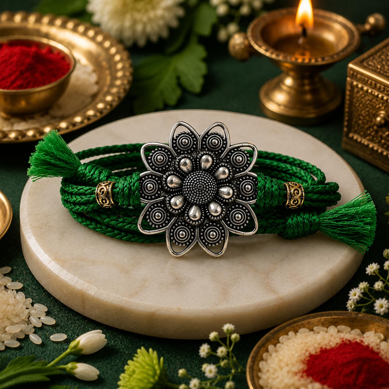 Silver Plated Flower Rakhi for Brother | Silver Rakhi with Complete Box include Kum Kum Chawal Pack - packaging (8)