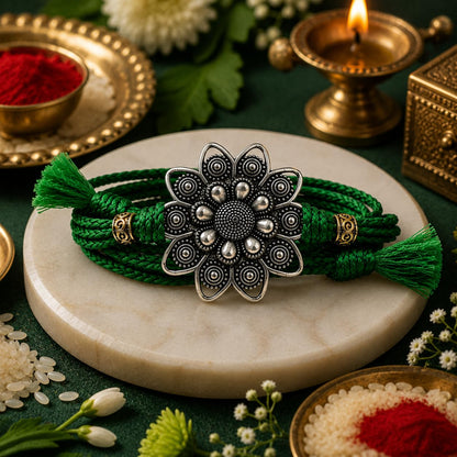 Silver Plated Flower Rakhi for Brother | Silver Rakhi with Complete Box include Kum Kum Chawal Pack - packaging (8)