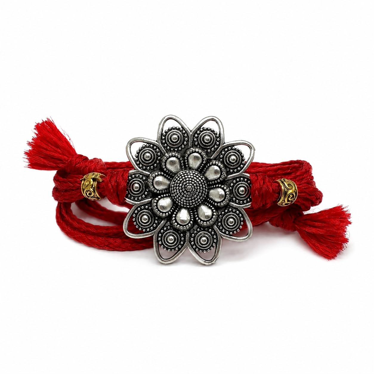 Silver Plated Flower Rakhi for Brother | Silver Rakhi with Complete Box include Kum Kum Chawal Pack (9)
