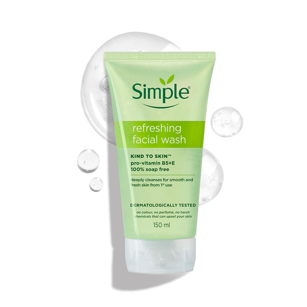 Simple Kind to Skin Refreshing Facial Wash, Soap-Free Gentle Cleanser with Vitamin E and Glycerin, for Sensitive Skin - front