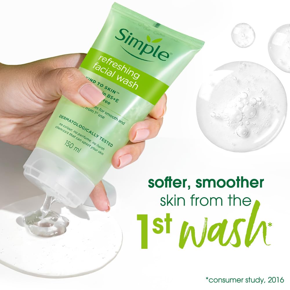 Simple Kind to Skin Refreshing Facial Wash, Soap-Free Gentle Cleanser with Vitamin E and Glycerin, for Sensitive Skin - back 