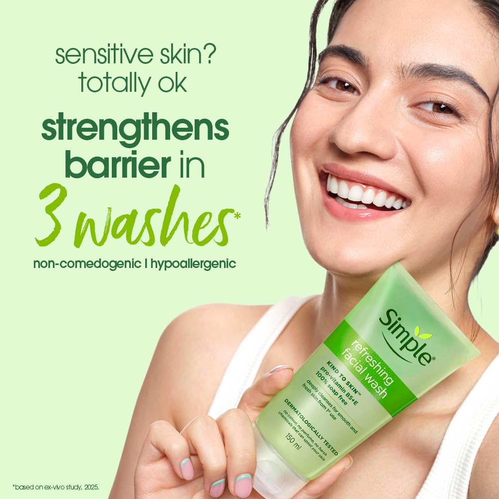 Simple Kind to Skin Refreshing Facial Wash, Soap-Free Gentle Cleanser with Vitamin E and Glycerin, for Sensitive Skin - label