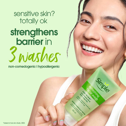 Simple Kind to Skin Refreshing Facial Wash, Soap-Free Gentle Cleanser with Vitamin E and Glycerin, for Sensitive Skin - label
