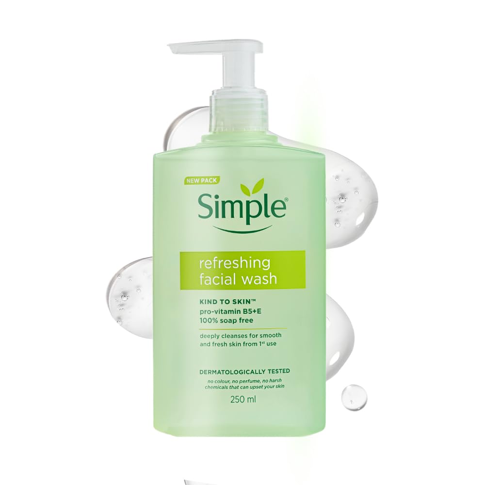 Simple Kind to Skin Refreshing Facial Wash, Soap-Free Gentle Cleanser with Vitamin E and Glycerin, for Sensitive Skin - front