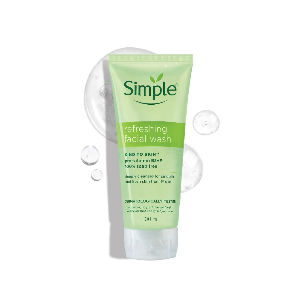 Simple Kind to Skin Refreshing Facial Wash, Soap-Free Gentle Cleanser with Vitamin E and Glycerin, for Sensitive Skin - front