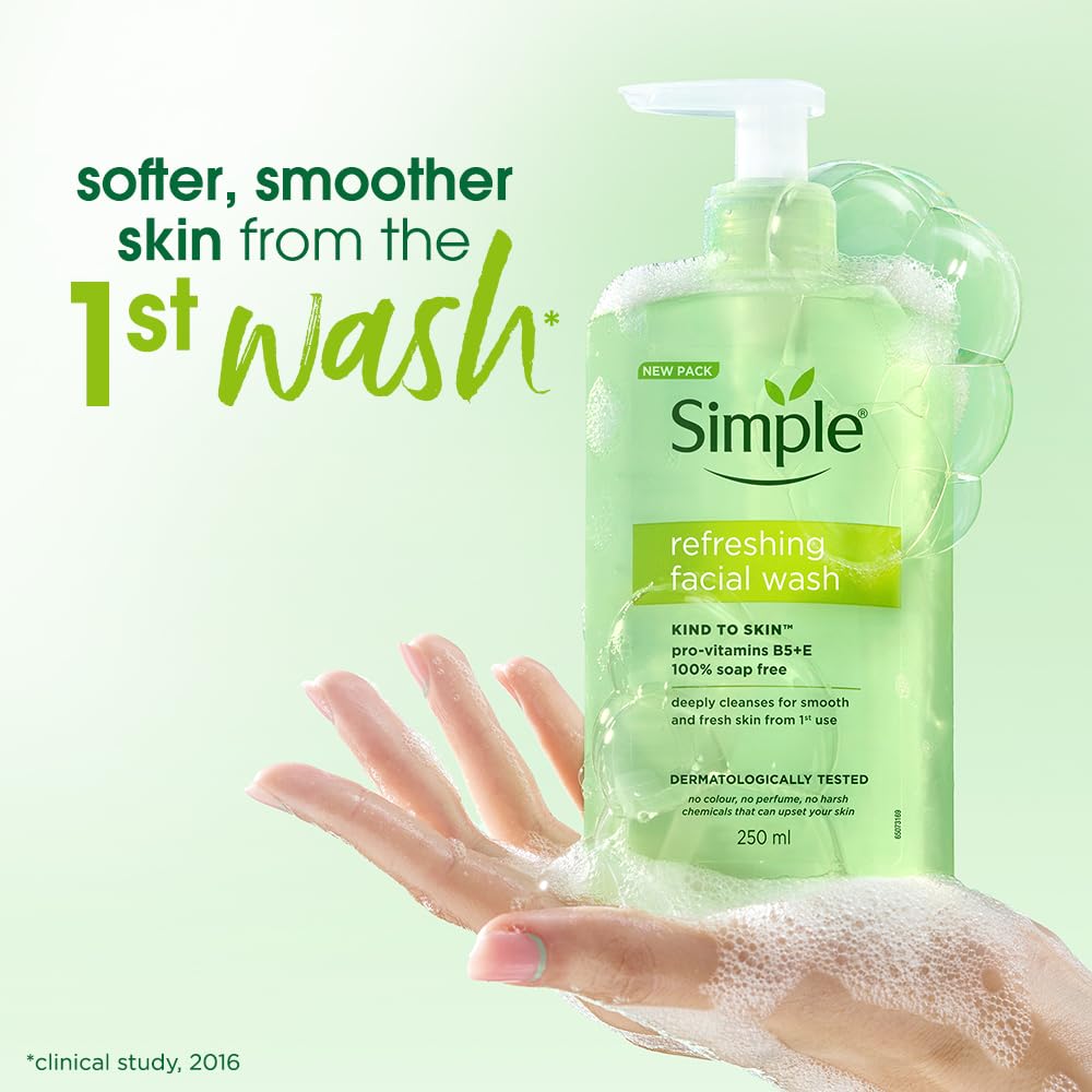 Simple Kind to Skin Refreshing Facial Wash, Soap-Free Gentle Cleanser with Vitamin E and Glycerin, for Sensitive Skin - back 