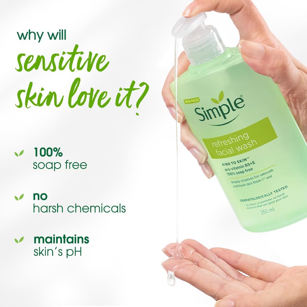 Simple Kind to Skin Refreshing Facial Wash, Soap-Free Gentle Cleanser with Vitamin E and Glycerin, for Sensitive Skin - ingre