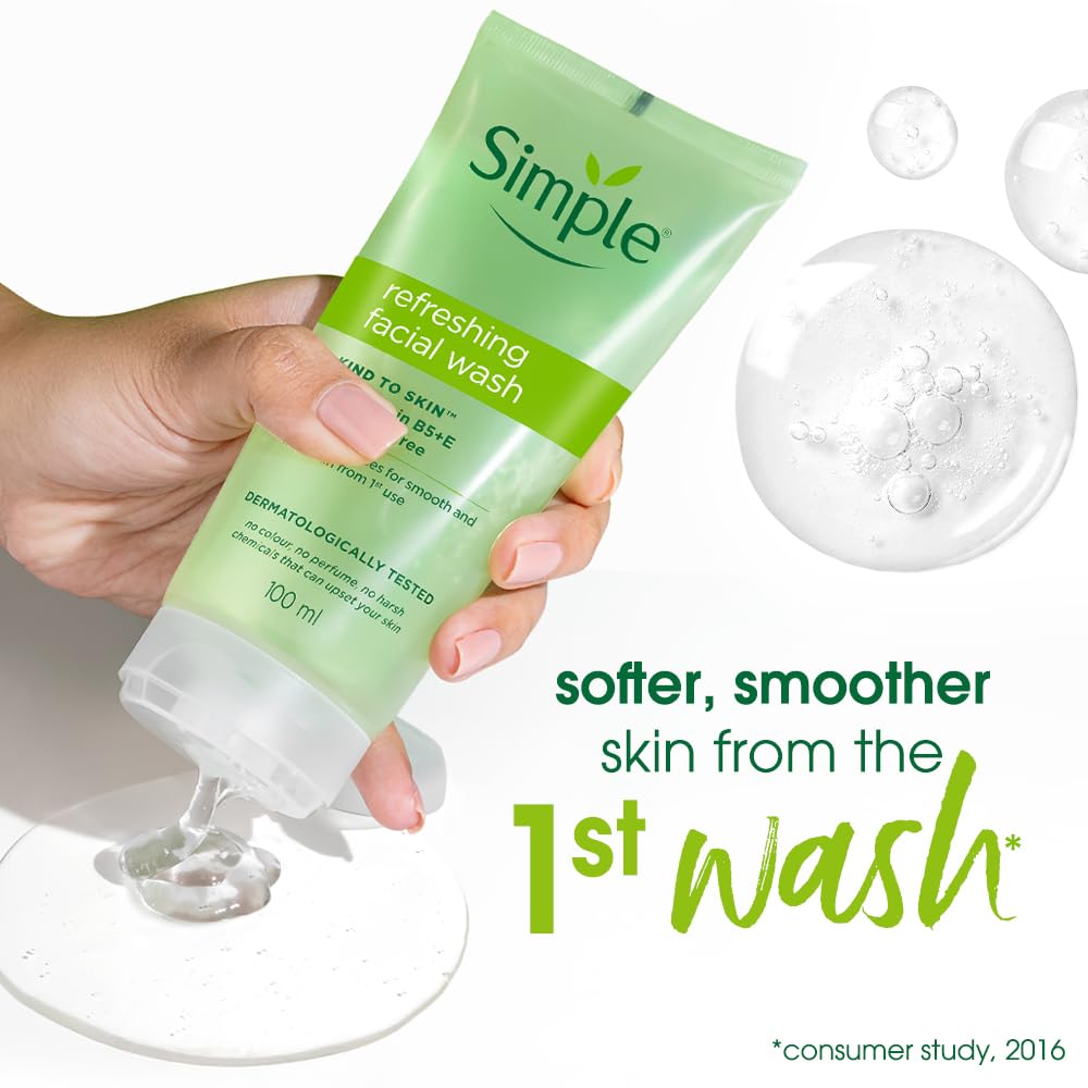 Simple Kind to Skin Refreshing Facial Wash, Soap-Free Gentle Cleanser with Vitamin E and Glycerin, for Sensitive Skin - back