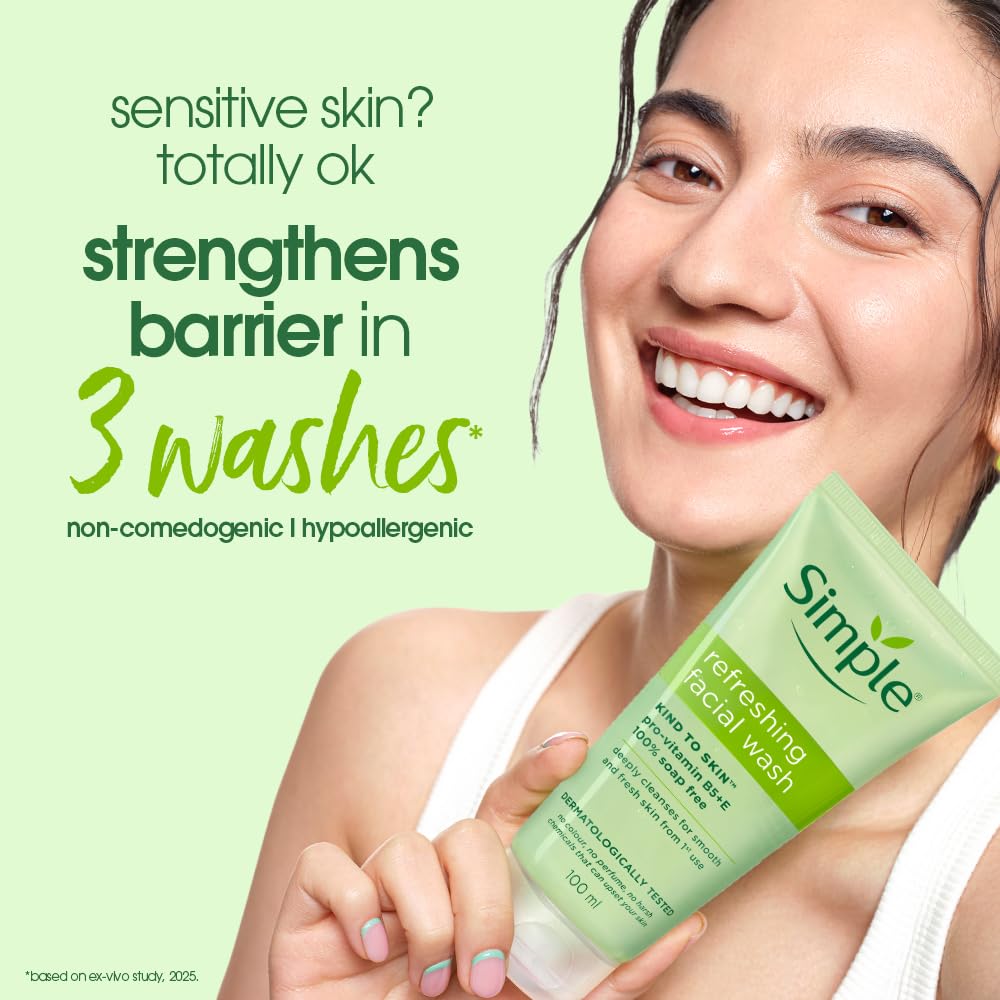 Simple Kind to Skin Refreshing Facial Wash, Soap-Free Gentle Cleanser with Vitamin E and Glycerin, for Sensitive Skin - label