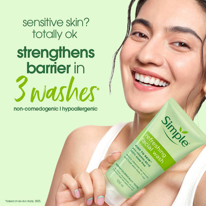 Simple Kind to Skin Refreshing Facial Wash, Soap-Free Gentle Cleanser with Vitamin E and Glycerin, for Sensitive Skin - label