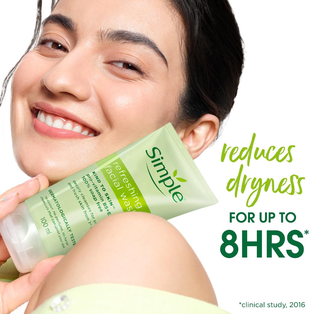 Simple Kind to Skin Refreshing Facial Wash, Soap-Free Gentle Cleanser with Vitamin E and Glycerin, for Sensitive Skin - size